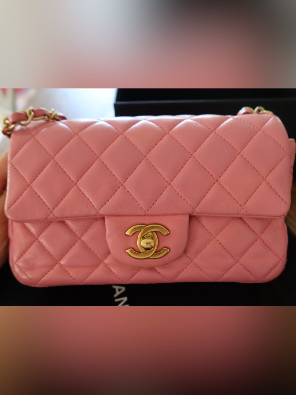 Chanel Classic Mini Rectangular Flap Bag Pink Lambskin Gold
Hardware